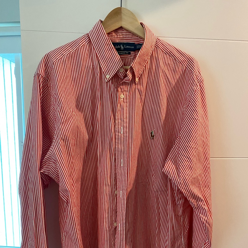 Ralph Lauren red and white stripe Oxford. Classic fit. 17 1/2”.